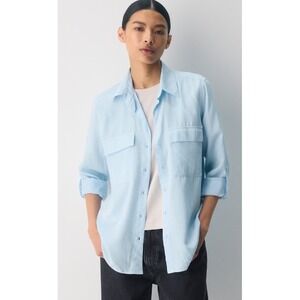 Aritzia Babaton Utility Shirt Size XS Blue Adj Sleeves 100% Tencel Button Front
